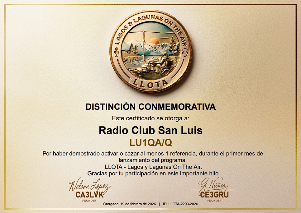 Distinción Conmemorativa LLOTA - Radio Club San Luis LU1QA/Q